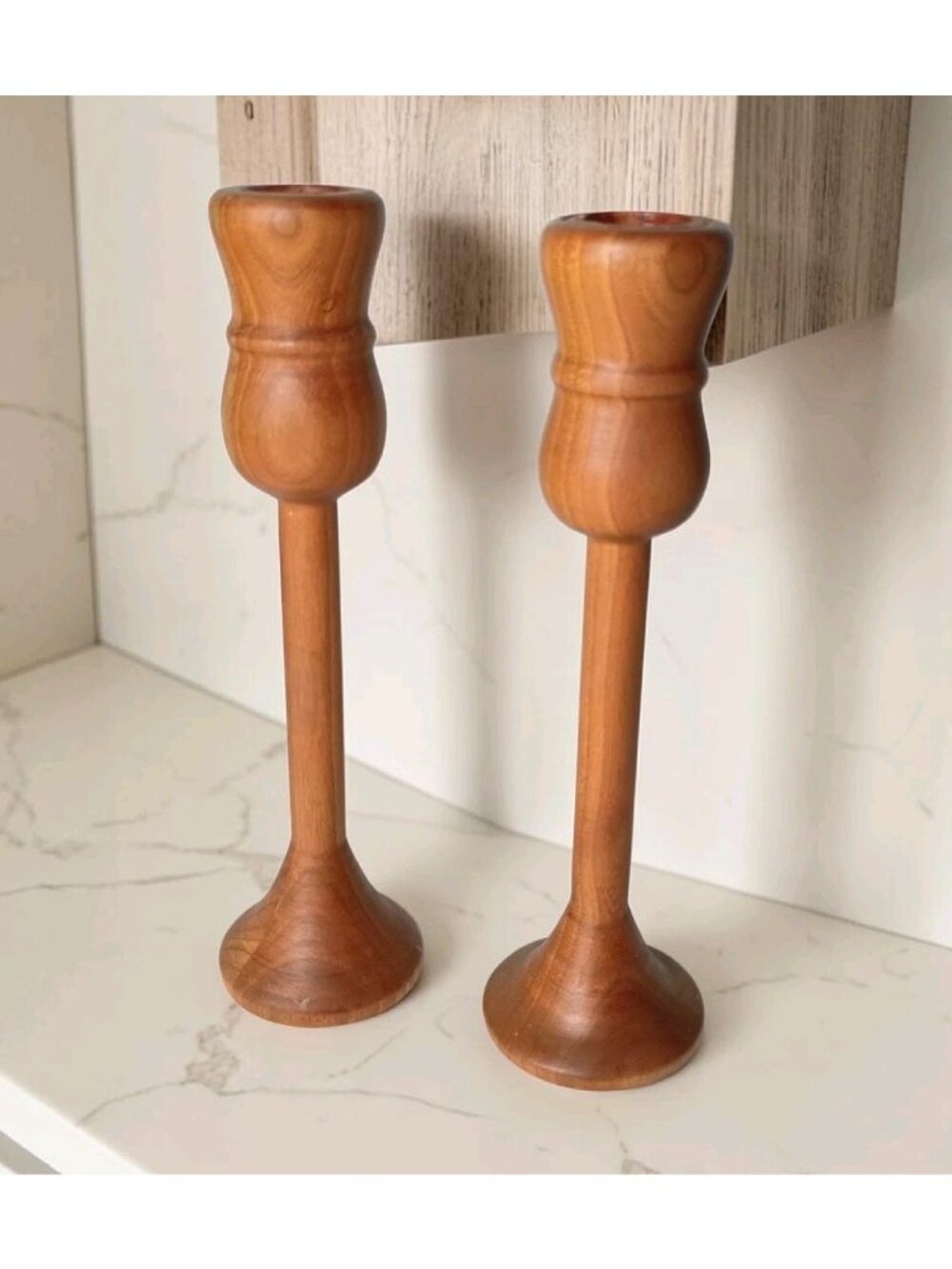 Turned Wood Hourglass Pedestal Candlestick Holders 7.75" Boho Minimalist